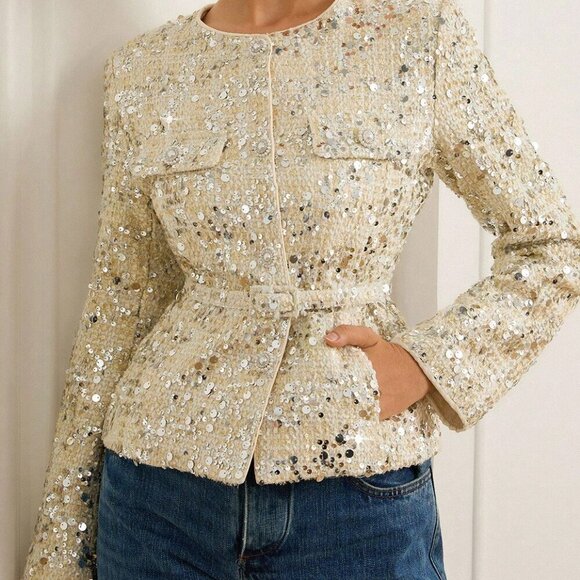 Beige Party Women's sequin detailed tweed belted blazer - Picture 6 of 6